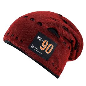 Wool hat men's autumn and winter thickened warm cold hat ins Korean version of the tide brand old hole knitted hat pullover (Color: Wine Red)
